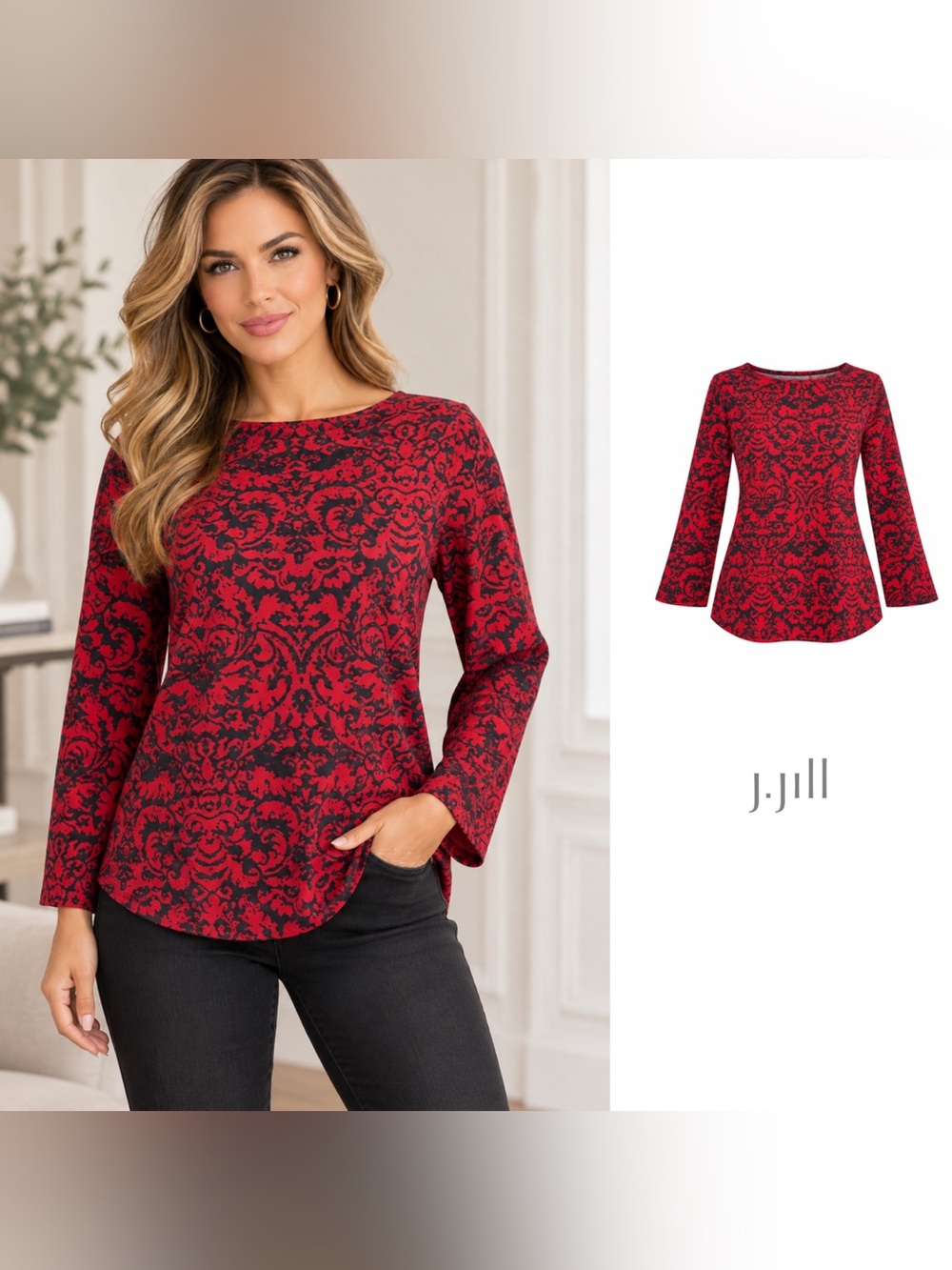 NEW J Jill Red Geometrical Print Sweater